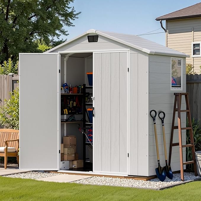 Patiowell 6 x 4 FT Outdoor Storage Shed, Plastic Tool Shed with Lockable Door & Window, Weather-Resistant Garden Shed with Floor for Backyard, Patio, Easy Assembly, Light Grey