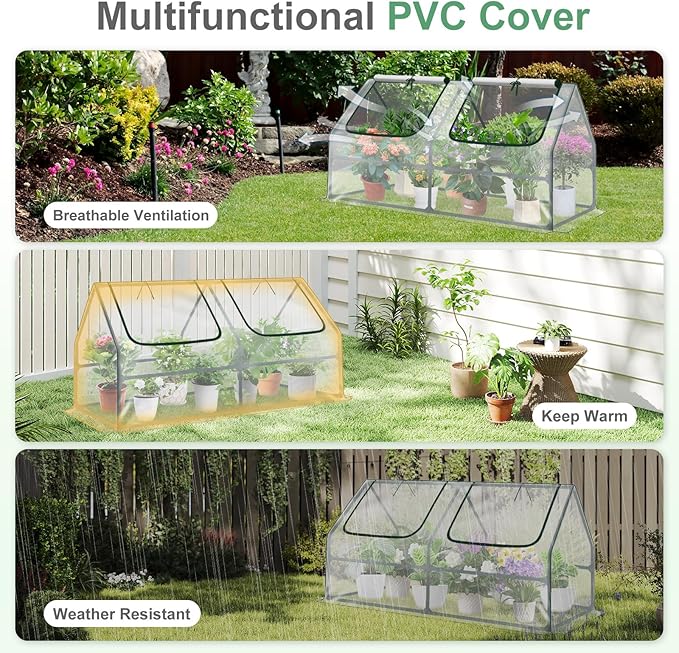 Aoodor 6 x 3 x 3 ft Mini Greenhouse with 2 Zipper Doors, Water-Resistant, UV-Protected for Flowers, Vegetables, and Herbs, Transparent