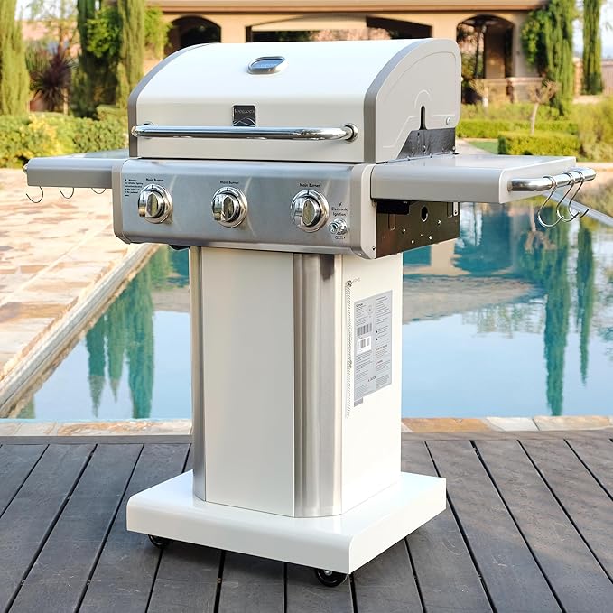 Kenmore 3-Burner Outdoor BBQ Grill | Liquid Propane Barbecue Gas Grill with Folding Sides, PG-A4030400LD-PE, Pedestal Grill with Wheels, 30000 BTU, Pearl White
