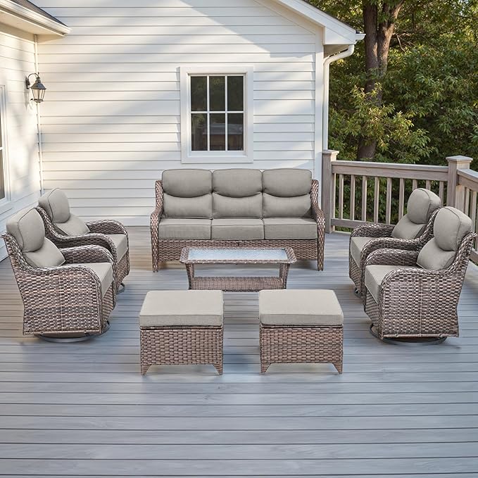 Wicker Outdoor Patio Furniture Set - 8 Piece Patio Conversation Sets with Swivel Rocker Chairs, Ottomans, Sofa and Table, 6 inch Cushions, Deep Seating, for Porch Deck Brown/Beige