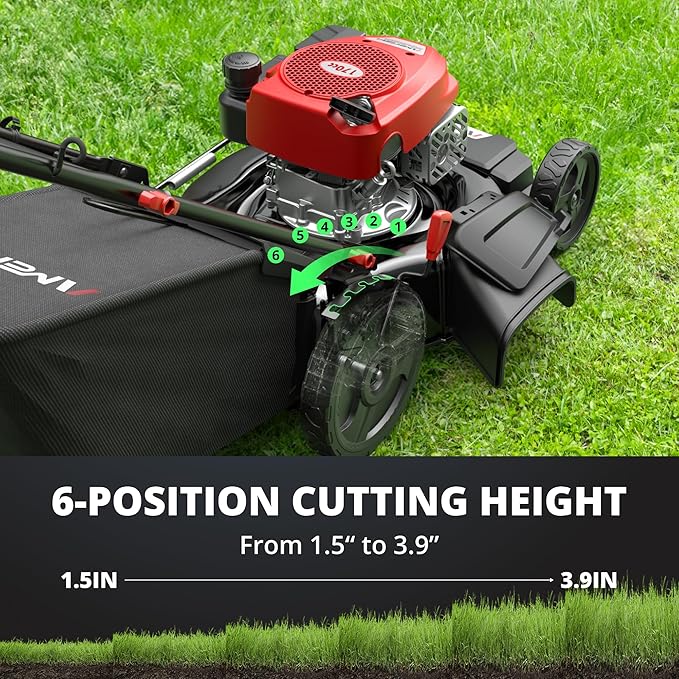 21-Inch 3-in-1 Gas Lawn Mower, Self Propelled with 170cc 4-Stroke Engine, 6-Position Adjustable Cutting Height, Side Discharge, Mulching & Rear Bag, High-Wheel Push Mower for Yard & Garden
