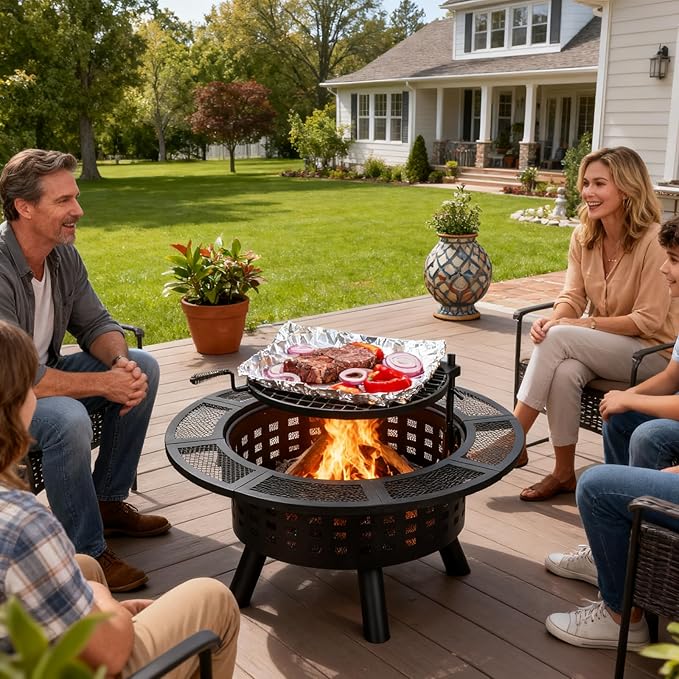 36 inch Outdoor Fire Pit with Grill,Wood Burning Firepits for Outside with Lid & Fire Poker,Metal 3-in-1 Fire Pit Table with Cooking Grate,Outdoor Fireplaces for Bonfire,Yard,BBQ(Jet Black)