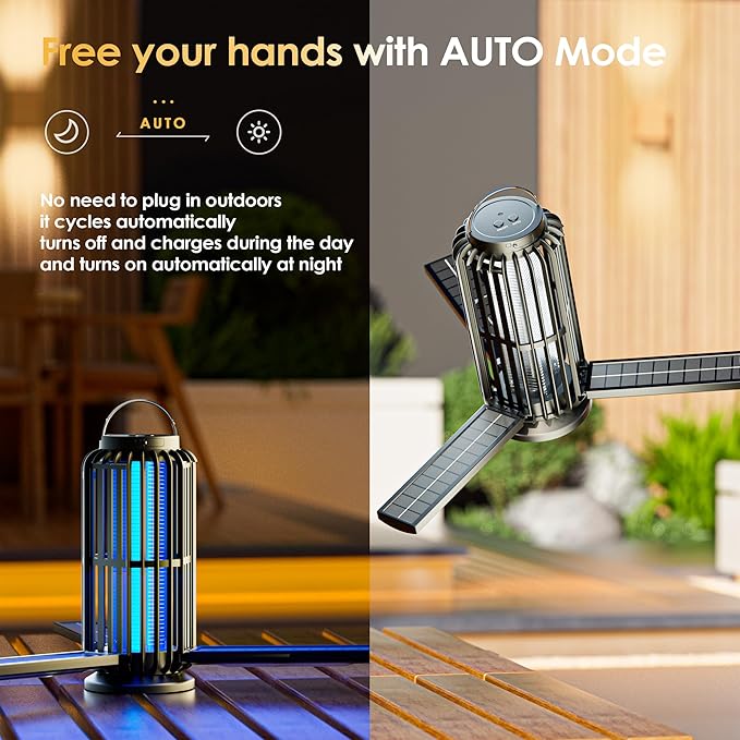 Bug Zapper, Solar Bug Zapper with 3 Solar Charging Panels, IP65 Waterproof Mosquito Zapper, 4200V Mosquito Zapper with LED Light, Outdoor Indoor AUTO ON/Off