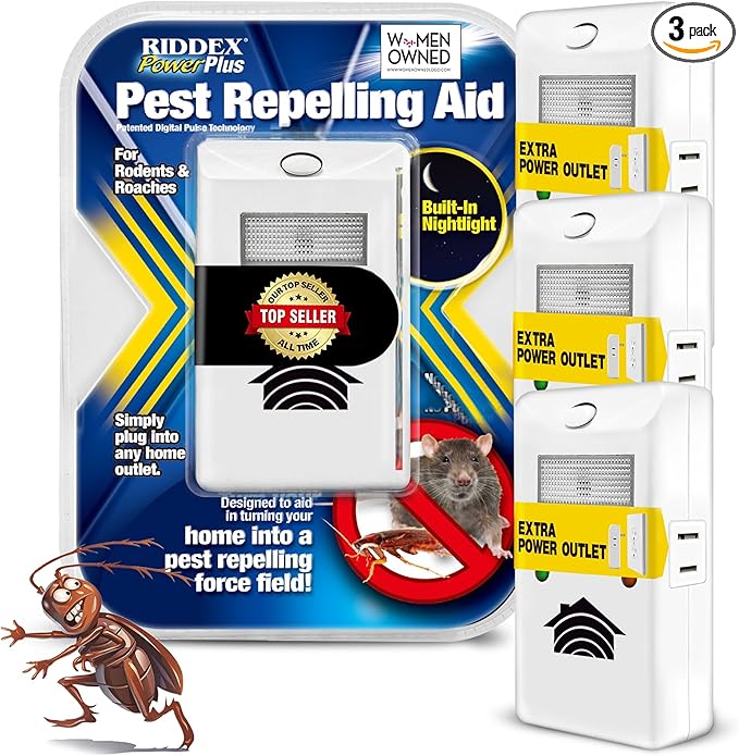 RIDDEX Power Plus Insect Repellent | Plug in, Mouse Deterrent - Pest Control for Defense Against Rats, Mice, Roaches, Bugs and Insects | Control Pests with No Toxins with Side Outlet | 3-Pack