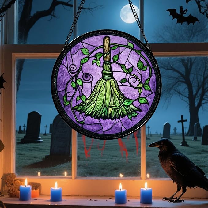 Stained Glass Window Hanging - Halloween Decorations Witch Magic Broom Suncatcher for Doors Garden Indoor Funny Spooky Sun Catchers Gothic Decor Horror Gifts for Women Men Friend 15 in