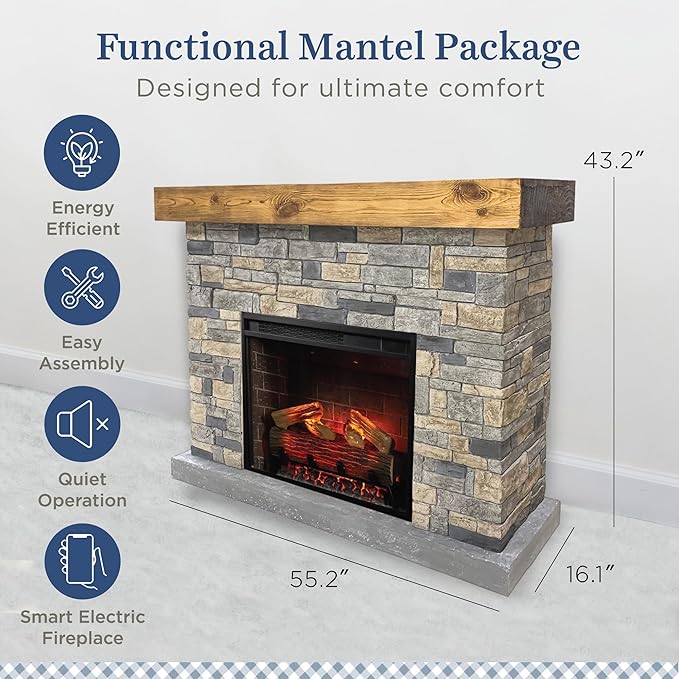 Country Living - Dixson Fireplace Mantel Package, 28β Fireplace Insert, Stone Brick Mantel Surround, Alexa/WiFi Enabled, 1500W