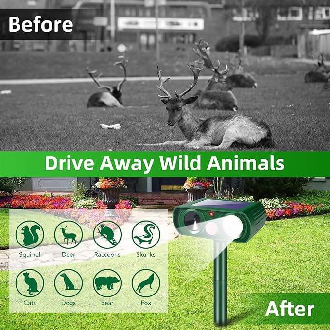 4 Pack Squirrel Fortress Pro Solar Animal Repellent Ultrasonic Outdoor, Deer Repellent Devices with Motion Sensor & Flash Lights, Waterproof Raccoon Cat Dog Skunk Rabbit Deterrent for Yard Farm