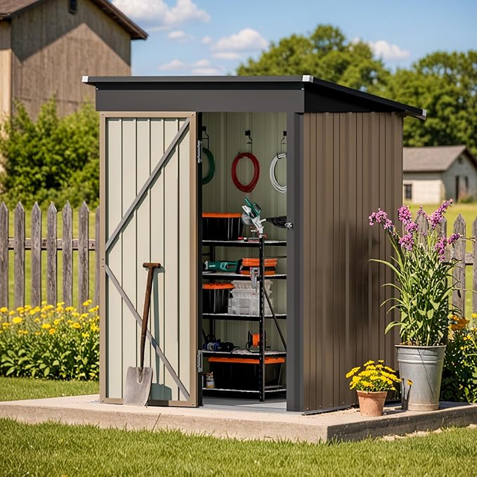 Patiolife 5x3 FT Outdoor Storage Shed, Small Tool Metal Shed with Lockable Door & Sloping Roof, Garden Shed for Backyard Patio Lawn, Brown