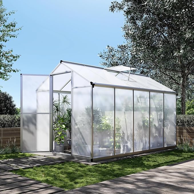 10X6.25 FT Aluminum Greenhouse for Outdoors, Heavy-Duty Metal Garden Greenhouses with Roof Vent and Quick Setup Structure, Metal Garden Greenhouse for Vegetables, Herbs & Outdoor Plants, Silver