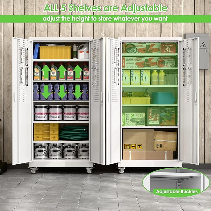 Rolling Tool Storage Cabinet with 5 Adjustable Shelves and Pegboard,Metal Garage Storage Cabinet with Wheels for Garage Home Office Utility Room,Required Assembly, 71" H×32" W×16" D,White