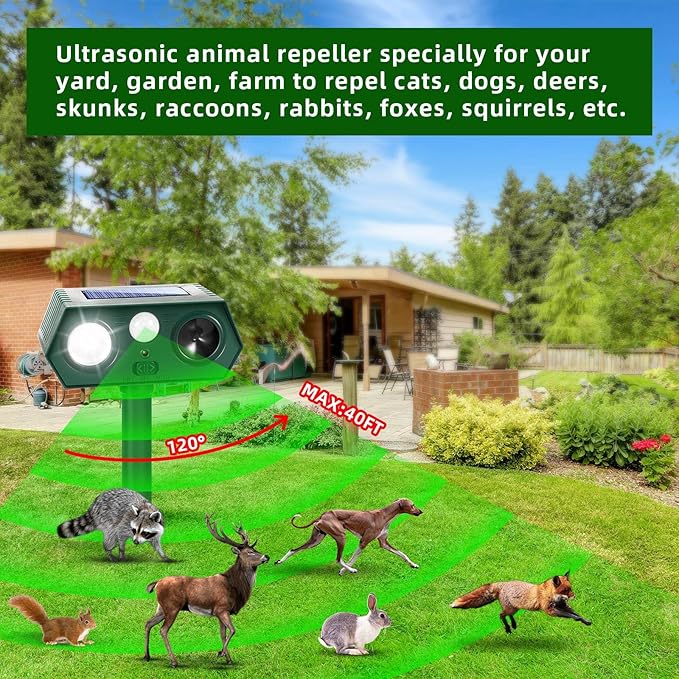 2Pack Ultrasonic Animal Repellent Outdoor Solar Animal Repeller witht Motion Sensor&LED Strober Ligh Cat Deterrent Outdoor Deer Repellent Device to Scare Skunk Rabbit Fox Dog Raccoon Squirrel 2025