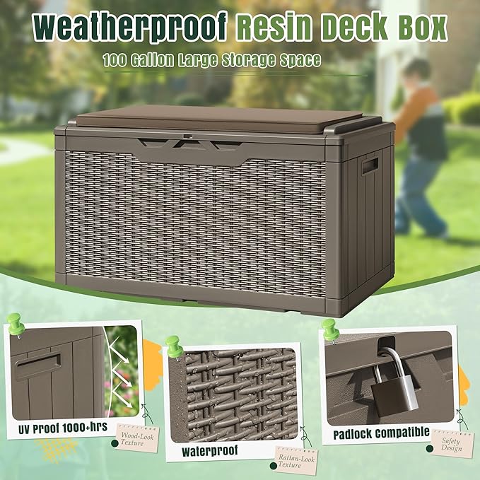 Greesum 100 Gallon Resin Deck Box Large Outdoor Storage with Cushions for Patio Furniture, Garden Tools, Pool Supplies, Weatherproof and UV Resistant, Lockable, Light Coffee