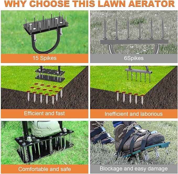 GAINO Lawn Aerator & Aerator Lawn Tool - Manual Yard Aerator for Lawn with 15 Spikes, Automatic Dirt and Leaf Clean Design, Adjustable T-Handle, Pre-Assembled Lawn Aerator Tools (Black + Orange)