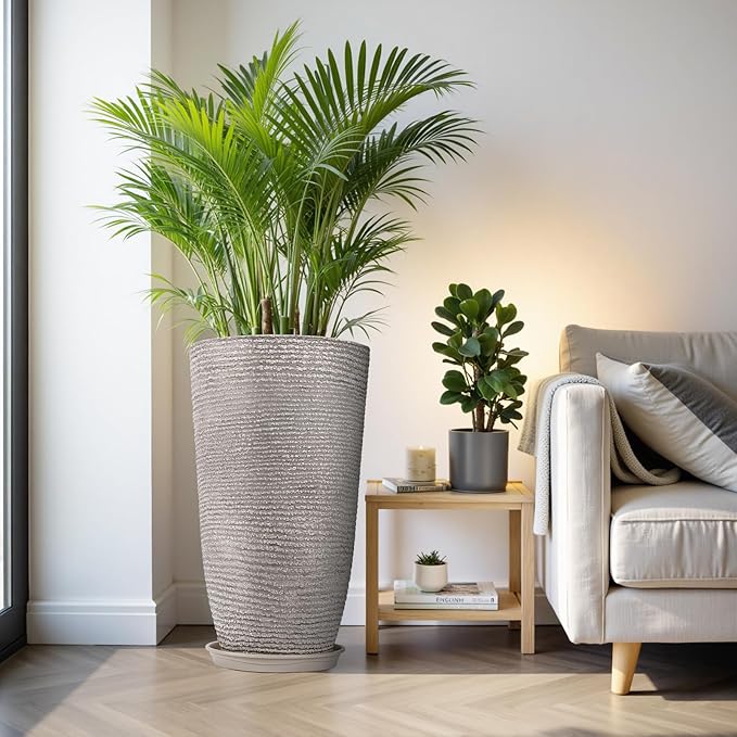 QCQHDU Set of 2 Oversized 9 Gallon Round Planters for Front Door & Patio - 12x21 Inch Tall Outdoor/Indoor Plant Pots with Drainage Tray, Gray Faux Stone Textured Tree Planters for Porch Decor