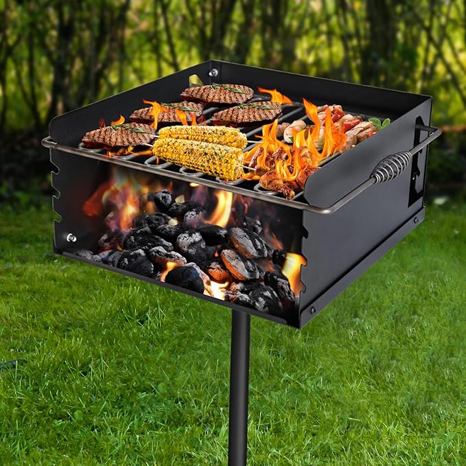 16x16 Inch Park-Style Heavy Duty Steel Charcoal Grill: An Outdoor BBQ Solution with Grate and Single Post Design for Backyard Barbecues and Camping