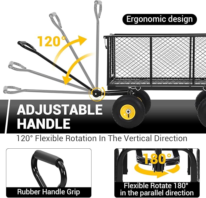1100 Lbs Steel Garden Cart. Heavy Duty Metal Garden Wagon with 10" Wheels, Pullable Metal Garden Wagon with 180° Rotating Handle and Removable Sides for Farm, Yard