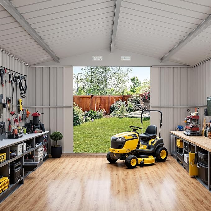 10×14 FT Outdoor Storage Shed, Dark Grey Workshop Shed with 3 Lockable Doors & 4 Vents for Backyard, Patio, Lawn, Garden Tool & Lawn Mower Storage - Ideal for Homeowners, Gardeners & DIYers