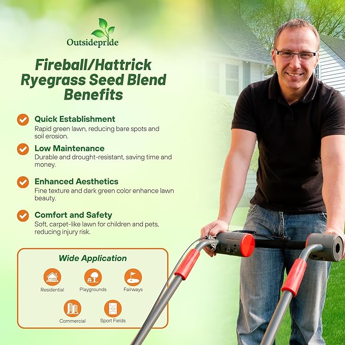 Outsidepride Fireball & Hattrick Rye Grass Seed Blend - 25 Lbs. Wear Tolerant, Fine Leaf Texture Perennial Rye Grass Seeds for Lawn, Sports Turf & More, OptiGrowth Coated for Better Establishment