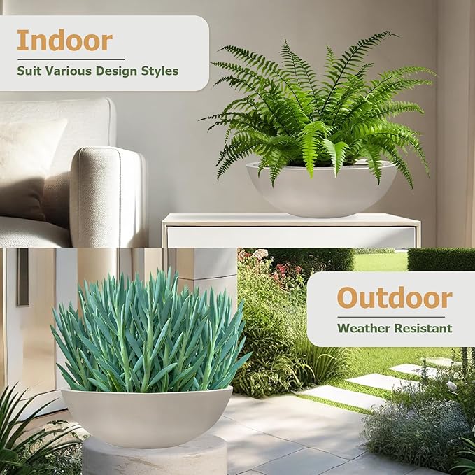 7.7" H x 22" D Round Bowl Fiberstone Planter for Succulent and Lotus, Drainage Hole, Weather Resistant for Indoor and Outdoor Use, Included 2 Extra Coco Mats (Taupe, 19.9" Pot Opening)