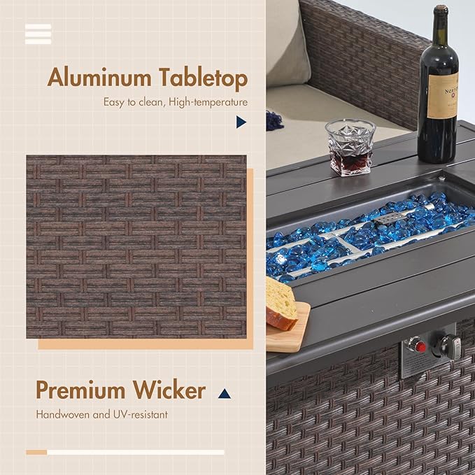 SUNSITT Outdoor Fire Pit Table 43 Inch Wicker Propane Fire Pit with Aluminum Tabletop 50,000 BTU Gas Firepit with Fire Glass, Lid, Cover, Brown Rattan