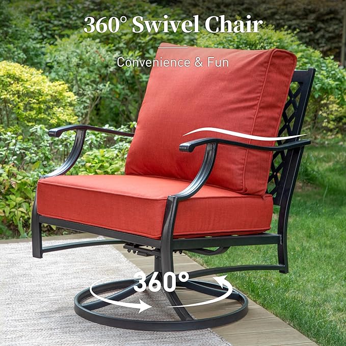 6 Piece Metal Outdoor Patio Furniture Set, Patio Conversation Sets 1 3-Seater Sofa, 2 Swivel Chair, 2 Leg Chair with 5.75" Thick Cushion and Coffee Table, Backyard Furniture Set, Red