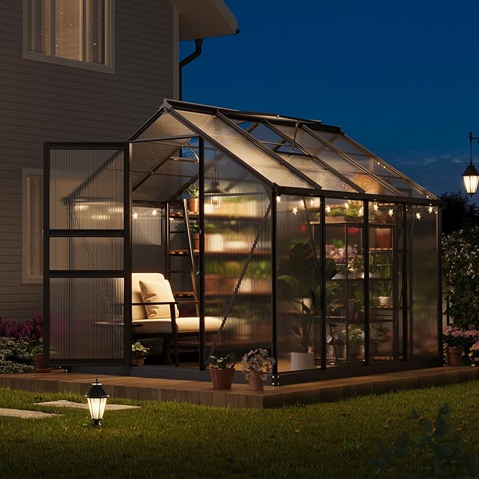 Greenhouse, 6×8FT Greenhouses for Outside, Polycarbonate Greenhouse with Aluminum Frame, Lockable Door and Ajustable Roof Vent for Backyard, Green Houses for Outside Garden Backyard, Patio