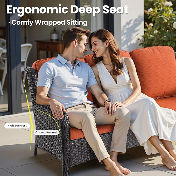 ovios 6 Pieces Patio Furniture Set, Outdoor Wicker Sofa Couch with Swivel Chairs Ottomans Comfy Cushions, All Weather High Back Modern Conversation Sets, Brown Rattan, Orange Red