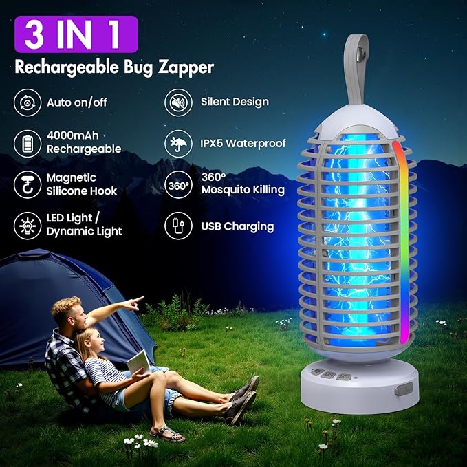 Bug Zapper Outdoor with Colorful Lighting and Auto-Sensing, 3 in 1 Cordless 4000mAh Battery Electric Fly Trap, Rechargeable Mosquito Zapper for Camping, Patios, Garden, Kitchen (2Pack-Grey)