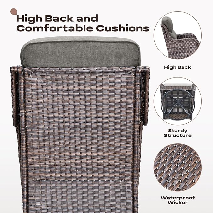 Outdoor Patio Swivel Rocker Chairs Set of 2, Waterproof Wicker, High Back, Deep Seating, Wide Armrest, Upgraded 6 inch Thick Cushions, Side Table, Ideal for Deck Porch Yard, Brown-Grey