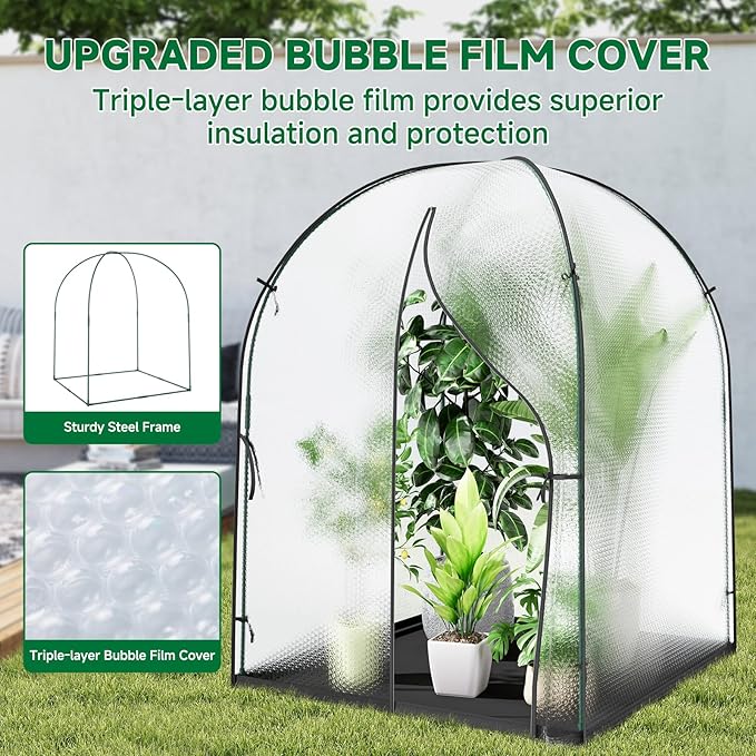 Portable Greenhouse for Outdoors, Green House Tent with Thick Bubble Film Cover, Ground Mat, Zippered Door Walk-in Mini Green House Kit for Outside, 47.2x47.2x71 Inch