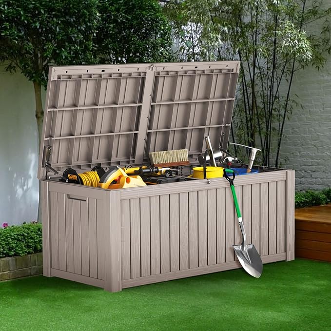 180 Gallon Waterproof Large Resin Deck Box Indoor/Outdoor Lockable Storage Container and Seating for Garden, Pool, and Patio (180 Gallon, Grey)