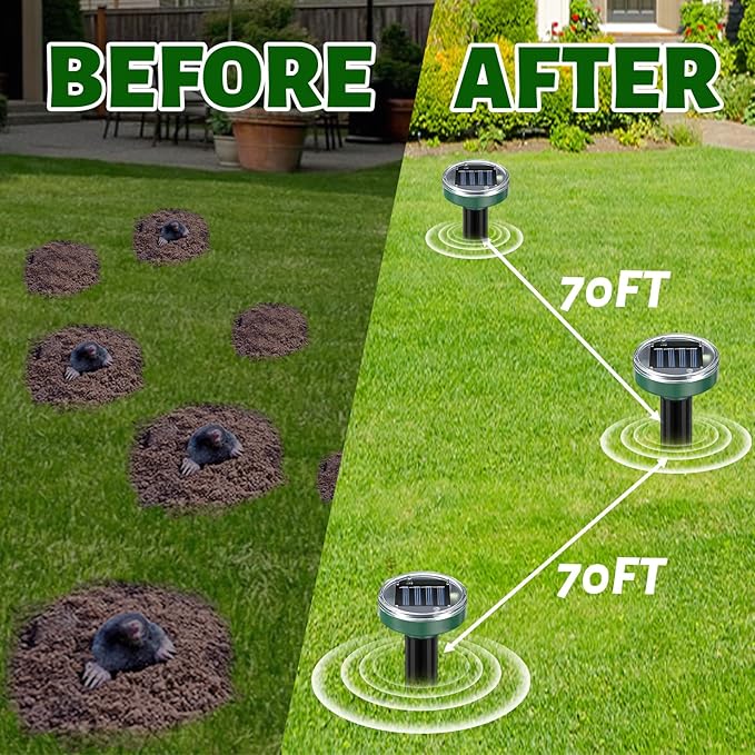 Mole Repellent,10 Pack Solar Powered Ultrasonic Gopher Vole Repellent for Outdoor lawns Garden & Yard,IP 44 Waterproof Sonic Spikes Pest Repellent Mole Killer,Moles Remover,Pet Safe