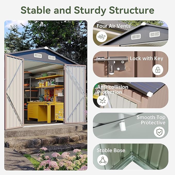 Aoxun 12'x10' Outdoor Metal Storage Shed with Lockable Door & Sloping Roof- Ideal for Tools, Garden Equipment & Bikes, Perfect for Patio Placement(Brown)