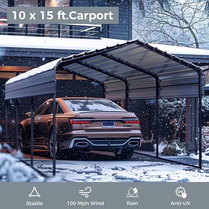 10 x 15 ft Metal Carport Kits with Galvanized Steel Roof & Removable Sidewalls, Heavy Duty Metal Carport Canopy, Outdoor Car Tent Metal Garage Shelter for Car, SUV, Truck and Boats, Gray