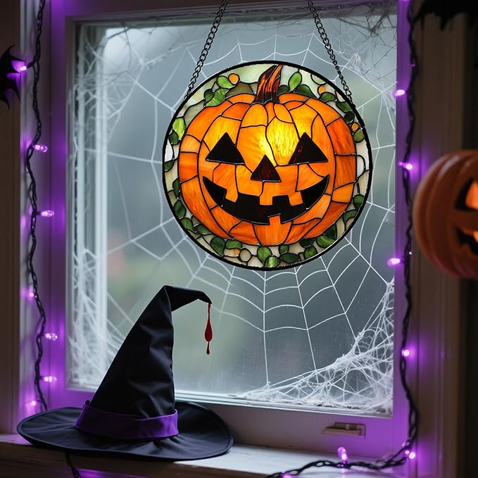 Stained Glass Window Hanging, Halloween Decorations Evil Pumpkin Suncatcher for Doors Garden Indoor Spooky Funny Orange Sun Catchers Gothic Decor Horror Gifts for Women Men Friend 9.8 in