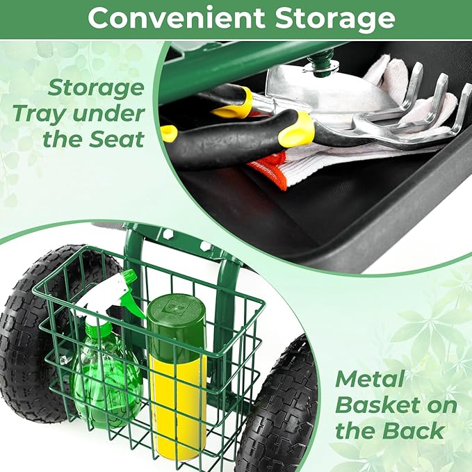 S AFSTAR Rolling Garden Cart, Wagon Scooter with 360° Swivel Seat, Storage Tray, Basket & Rubber Wheels, Heavy-Duty Gardening Tool Cart for Weeding, Patio & Yard (Green)