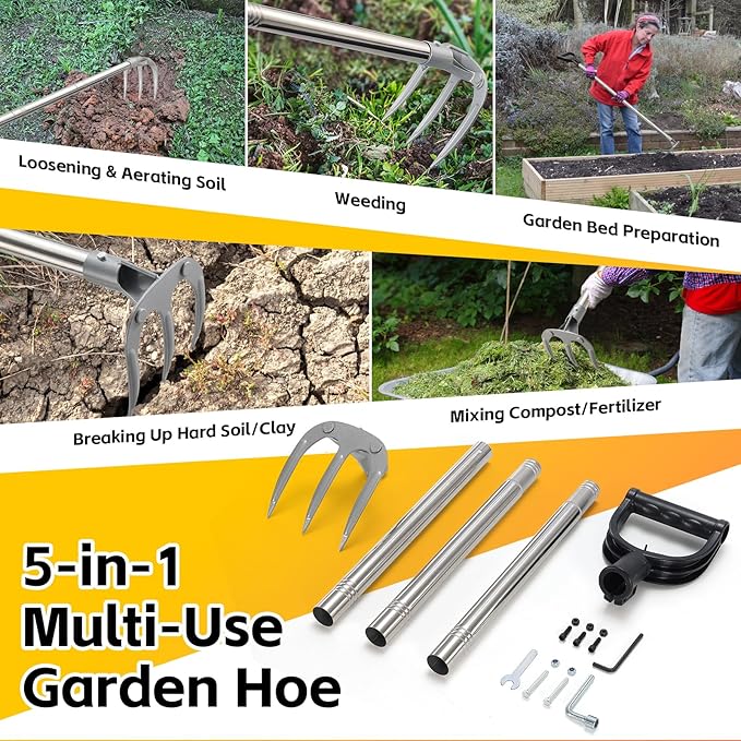Potato Hand Rake Garden Tool - 62" Long Handle Cultivator Weeding Rakes, 3-Tine Heavy Duty Carbon Steel with D Grip for Raised Garden Beds,Flower Bed,Soil Grass Yard Gardening