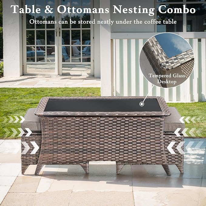 Luxury High Back Outdoor Furniture with 6-inch Extra Thick Cushions, Patio Furniture Set with Swivel Chairs, 8 PCS Wicker Conversation Set for Yard, Deck, Poolside, Brown/Grey