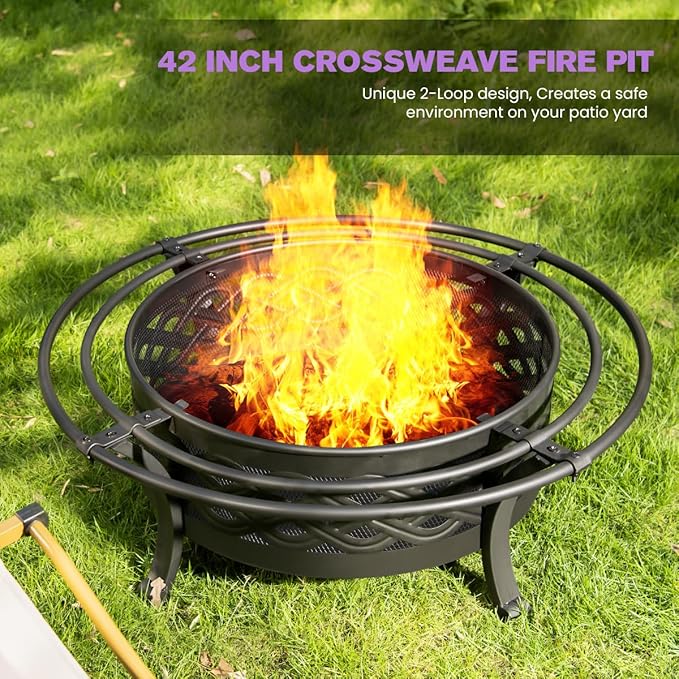 42 Inch Outdoor Fire Pit with 2 Loops,Crossweave Wood Burning Fire Pits for Outside,with Spark Screen,Fire Poker,Round Metal Firepit for Patio,Backyard,Beach,Camping,Bonfire(42''Black)