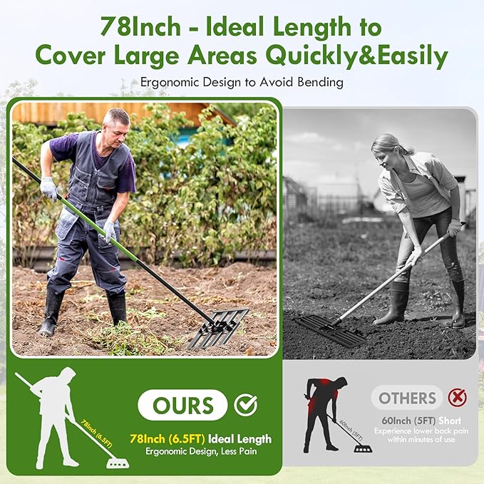 Seeutek Lawn Leveling Rake, 35” x 10” Lawn Leveler with 6.5FT Durable Handle Rakes for Lawns, 0-180° Adjustable Ground Leveler Tool for Yard, Level Soil Sand Dirt Surfaces