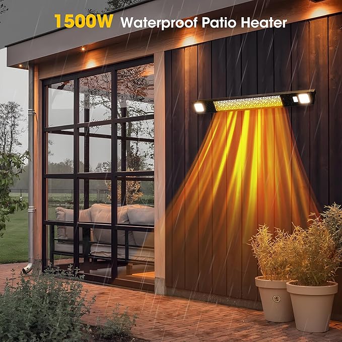 Wall-Mounted Electric Heater Hanging Patio with Light Ceiling Outdoor, 1500W Infrared 9 Heat Levels, 24H Timers, 1s Heating Carbon Fiber Tube Wall Heater for Backyard, Garage