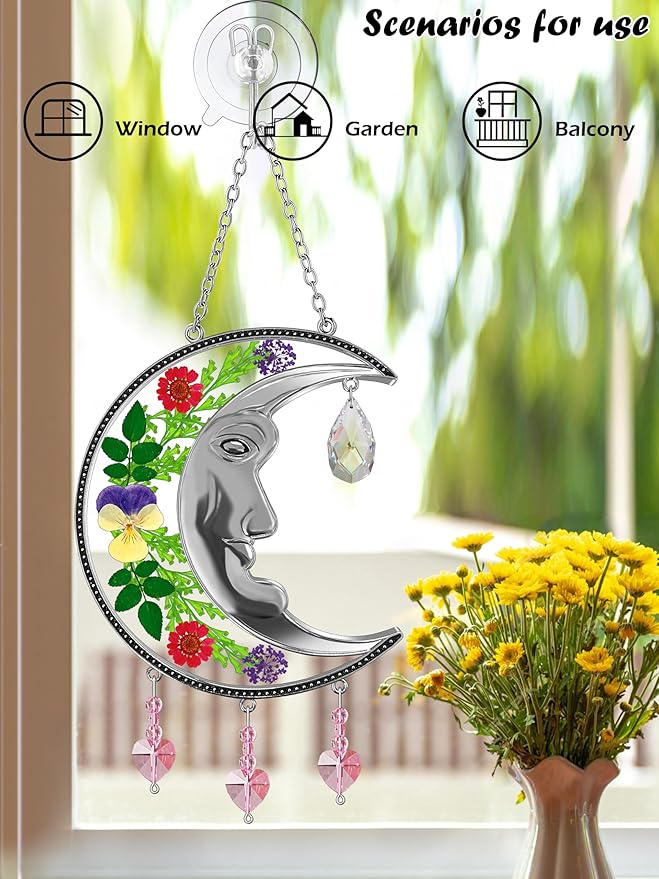 KY&BOSAM Crystal Sun Face Moon Suncatchers Gifts for Mom Family Friends Stained Glass for Windows Wind Chimes Real Flower Colorful Crystal Outdoor for Garden Indoor Home Trees Patio Yard Porch Decor