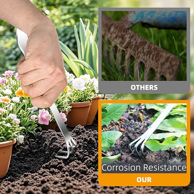 Stainless Steel Root Rake,Stainless Steel 3 Prong Root Rake Pick Loosen Soil Bonsai Tree Tool Set for Gardening Plants