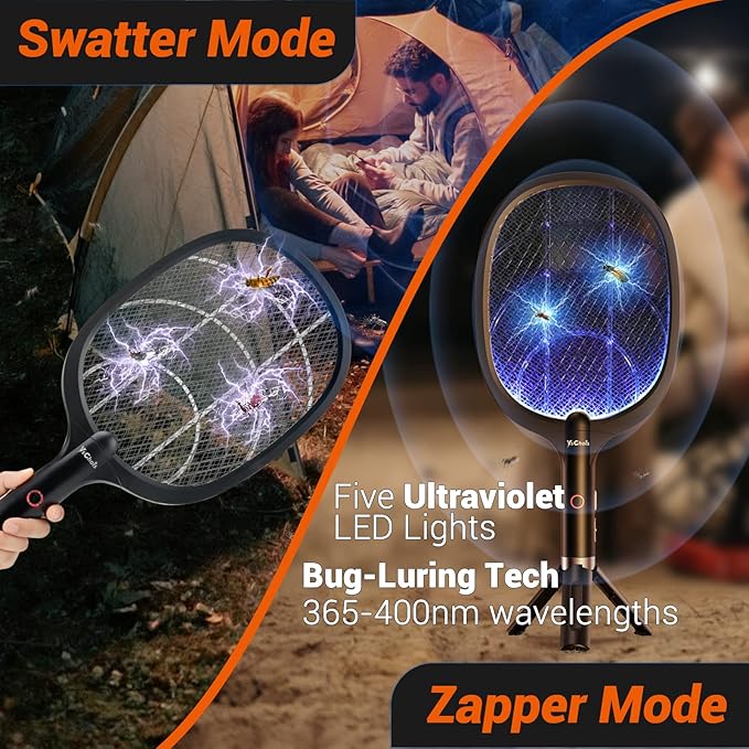 Electric Fly Swatter Racket, Rechargeable Fly Zapper - 4000 Volt, Exclusive 2-in-1 Bug Zapper Racket - USB Charging, 1800mAh Li-Battery, Indoor & Outdoor Use, Black, 2 Packs