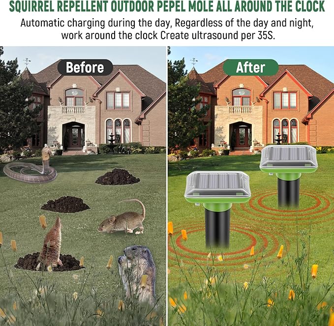 Mole Repellent Solar Powered,2025 Upgraded Vole Repellent Ultrasonic Solar Powered,Mole Repeller Outdoor for Lawns Garden Yard,Gopher Trap Killer for Gopher,Squirrel(6 Pack)