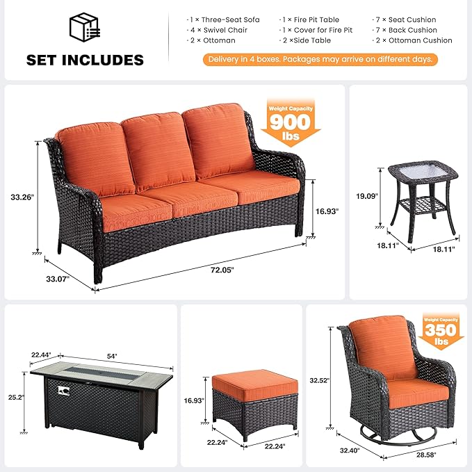 ovios 10 Pieces Patio Furniture Set, Outdoor Wicker Sofa Couch with Swivel Chairs 54" Fire Pit Table, All Weather High Back Modern Conversation Sets, Brown Rattan, Orange Red