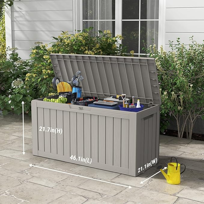 Mars Villa Deck Box, Waterproof Weatherproof and UV Resistant Resin Storage Bin with Lockable Lid, Ideal for, Outdoor, Patio Furniture Cushions, Pool Supplies, Garden Tools (72 Gallon, Grey)