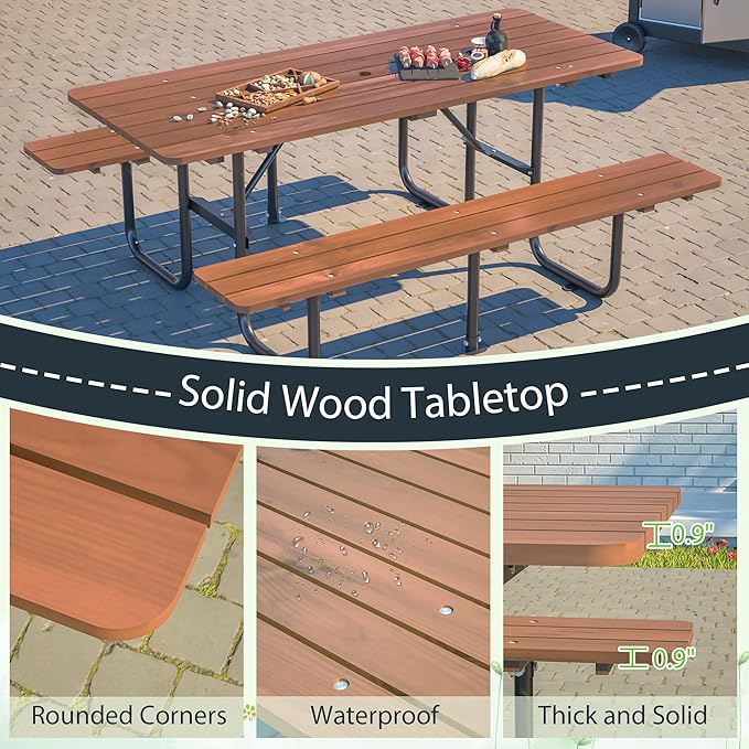 Outdoor Picnic Table with Benches, 6 - Person Picnic Table, Wooden Patio Dining Set, 1.97'' Umbrella Hole, Waterproof and Rounded Corners Design for Backyard, Garden, Park, Restaurant, Picnic, Natural