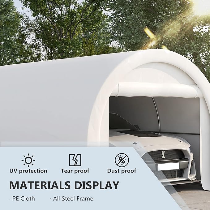 Outsunny 10' x 16' Carport, Heavy Duty Portable Garage Storage Tent with Large Zippered Door, Anti-UV PE Canopy Cover for Car, Truck, Boat, Motorcycle, Bike, Garden Tools, Outdoor Work, White