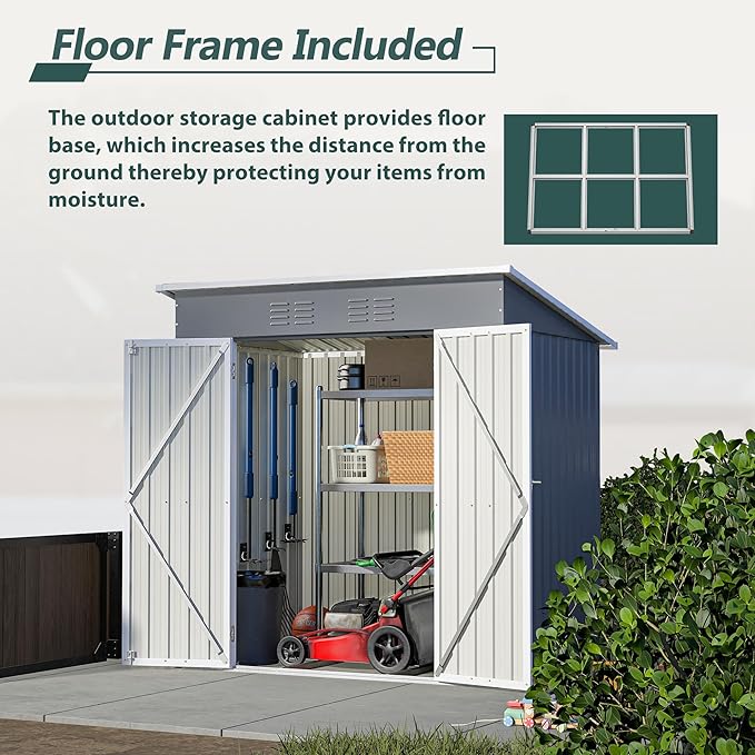 10X8 FT Outdoor Storage Shed, All Weather Metal Sheds with Lockable Doors, Tool Shed for Garden, Patio, Backyard, Lawn (Grey with Floor Frame, 6x4 ft)
